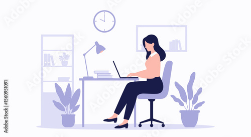 Professional Woman Working Remotely at Desk in Home Office Environment