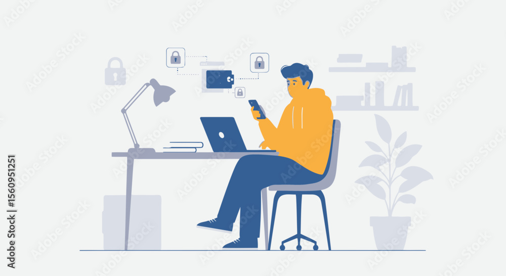 Fototapeta premium Secured Digital Future Manages Cryptocurrency At Home Using Laptop And Phone