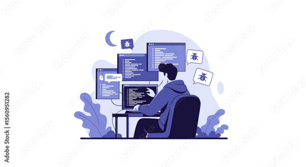 Late Night Coding Debugging and Development with a Programmer At Desk Late Night Coding Debugging and Development with a Programmer At Desk