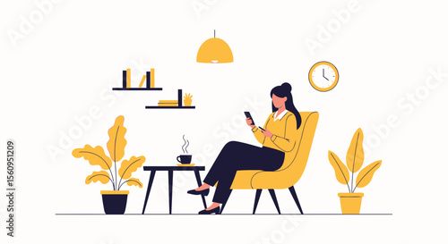 Relaxing Time: Woman Using Smartphone In Comfortable Living Room Interior
