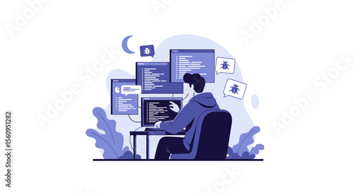 Late Night Coding Debugging and Development with a Programmer At Desk