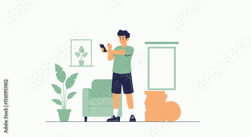 Man Using Smartphone While Stretching At Home For Fitness Illustration