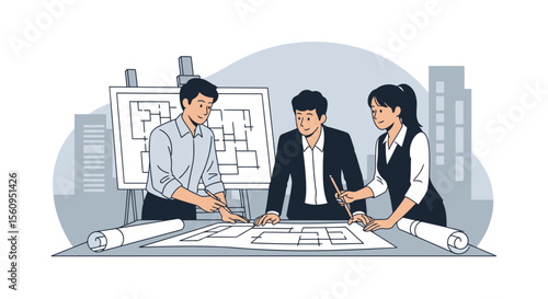 Architectural Team Collaborating On Building Design Blueprint In The City