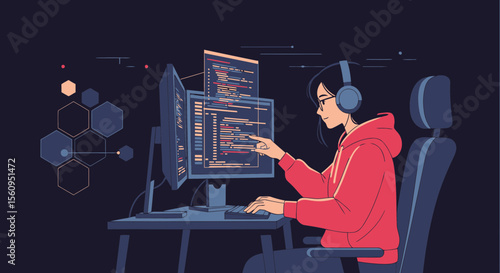 Dedicated Woman Coding With Dual Monitors In Home Office Environment