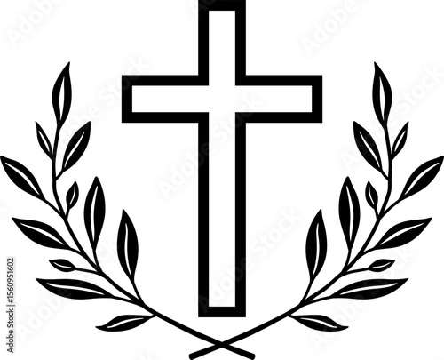 Christian Cross with Olive Branches – Minimalist Black and White Vector Illustration