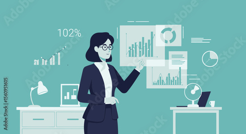 Successful Businesswoman Presenting Positive Data Analysis in Office Meeting