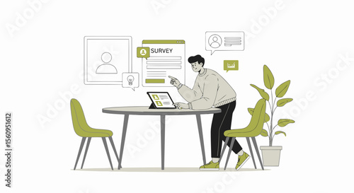 Modern Lifestyle Illustration Man Taking Online Survey On Tablet