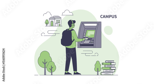 Modern University Financial Transaction Scene Featuring Student Using Atm Machine