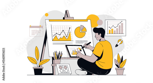 Man Analyzing Business Data On Digital Tablet With Financial Charts Displayed