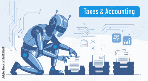 Modern Robot Processing Automated Taxation Returns And Digital Accounting System