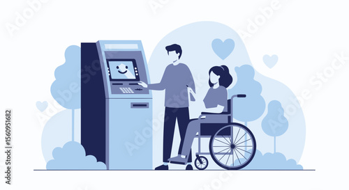 Man Assists Woman In Wheelchair Accessing Atm Financial Inclusivity