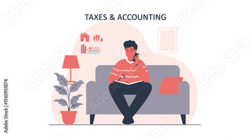 Man Manages Finances At Home With Phone And Notes In A Comfortable Environment