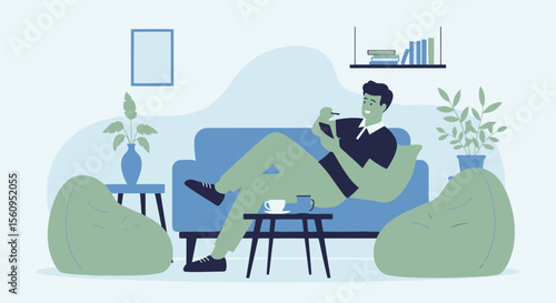 Man Relaxing On Sofa And Working With Tablet At Home