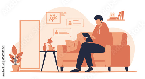 Man Relaxing On Couch Using Tablet At Home Flat Vector Illustration