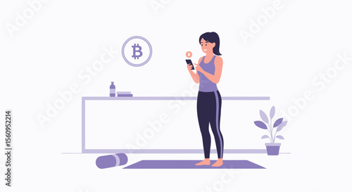 Woman Manages Cryptocurrency Portfolio On Smartphone After Morning Fitness Routine