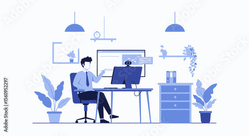 Professional Businessman Working From Home Office Setup With Webinar Presentation