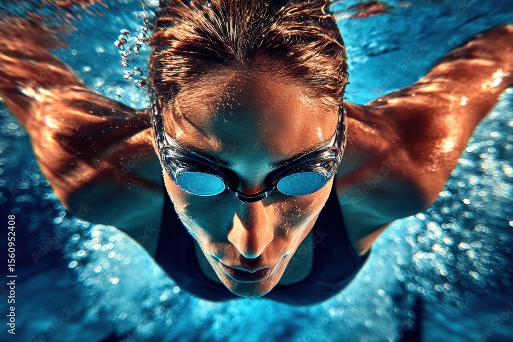 Fototapeta premium Close-up of a female swimmer wea goggles and a swimsuit performing a front crawl stroke underwater in a clear blue swimming pool du training and exercise