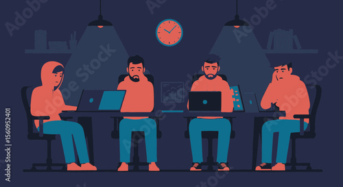 Late Night Meeting In Office Of Team Working Overtime With Laptops