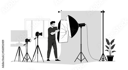 Photographer Adjusting Light Setup In Modern Studio Minimalist Illustration