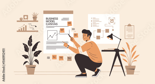 Young Entrepreneur Presenting Business Model Canvas In Office Setting Vector Design