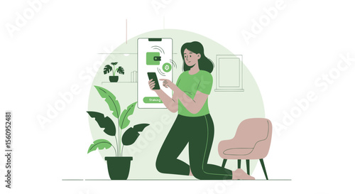 Woman Using Digital Wallet Application On Smartphone At Her Modern Apartment