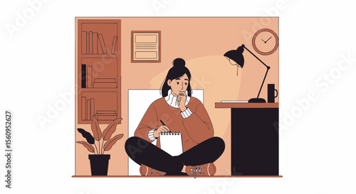 Young Woman Sitting On The Floor Cross Legged At Home Writing In Notebook