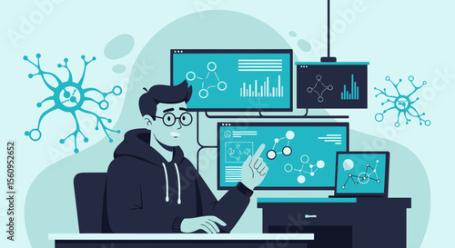 Scientist Analyzing Data on Multiple Monitors in a Modern Research Environment