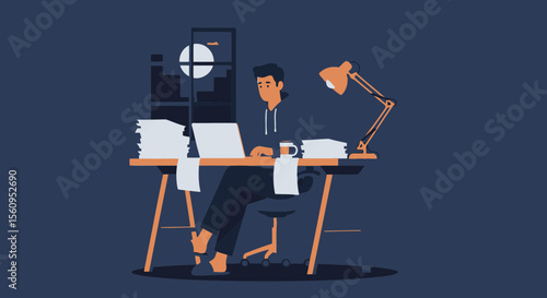 Nighttime Hustle An Illustration Of Man Working Late With Laptop And Table Lamp