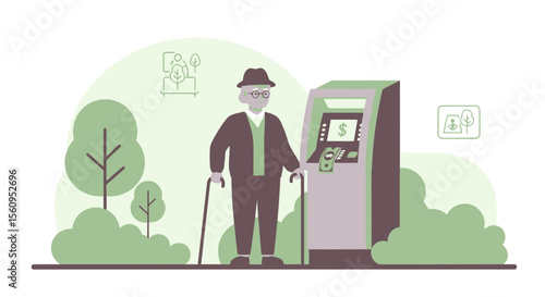 Senior Man Withdraws Cash From Atm In An Urban Green Park Area With Trees