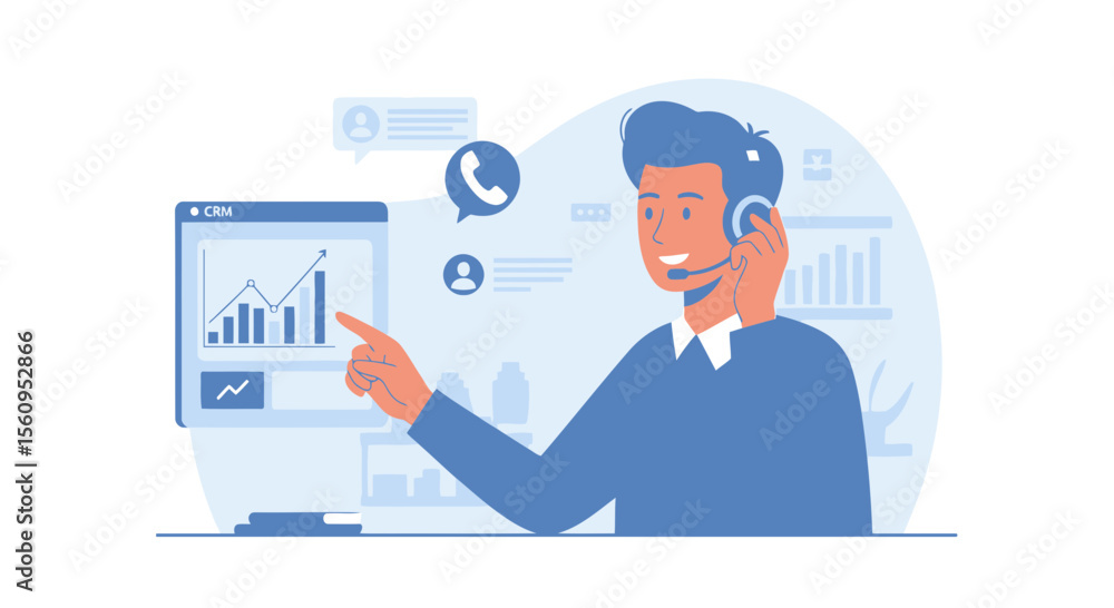 Professional Man Using Headset Explaining Financial Data On Screen Illustration Professional Man Using Headset Explaining Financial Data On Screen Illustration