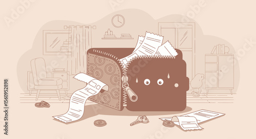Overwhelmed Wallet Concept Illustrating Financial Strain and Expenses Management