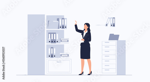 Professional Woman Organizing Documents In Office Filing System Illustration