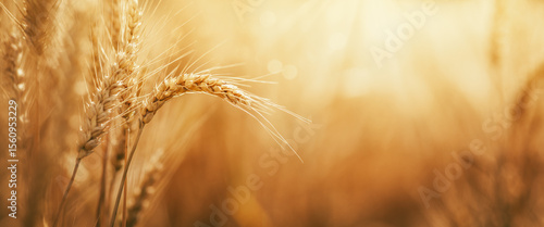 Close-up Of Ripe Golden Wheat With At Sunset - Harvest 