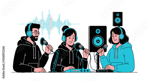 Podcast Recording Session With Diverse Hosts And Audio Equipment Illustration