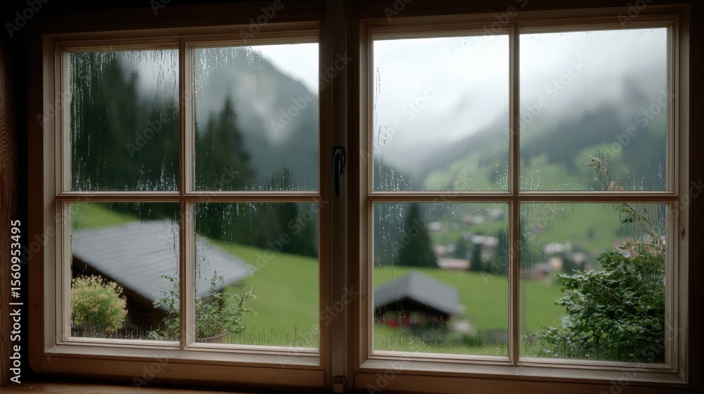 Fototapeta premium Scenic view through a large wooden-framed window overlooking lush green landscape with hills and trees on a cloudy rainy day