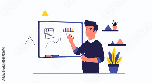 Man Explaining Financial Data Analysis on Whiteboard at Office Presentation