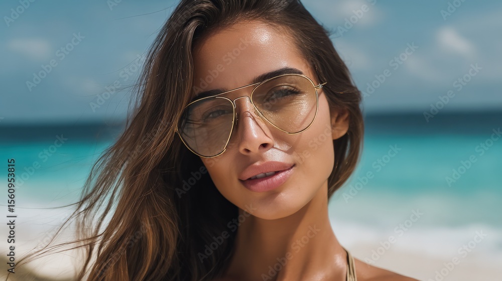 Close-up of a young woman with long hair wea stylish sunglasses smiling at the beach with turquoise water and blue sky in the background Close-up of a young woman with long hair wea stylish sunglasses smiling at the beach with turquoise water and blue sky in the background