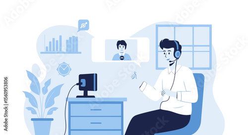 Professional Teleconference Remote Communication Flat Vector Illustration Design