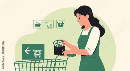 Woman In Grocery Shopping Preparing To Pay At The Checkout Counter Inside The Store