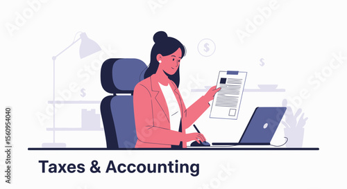 Woman In Office Analyzing Tax Documents And Financial Reports Using Technology