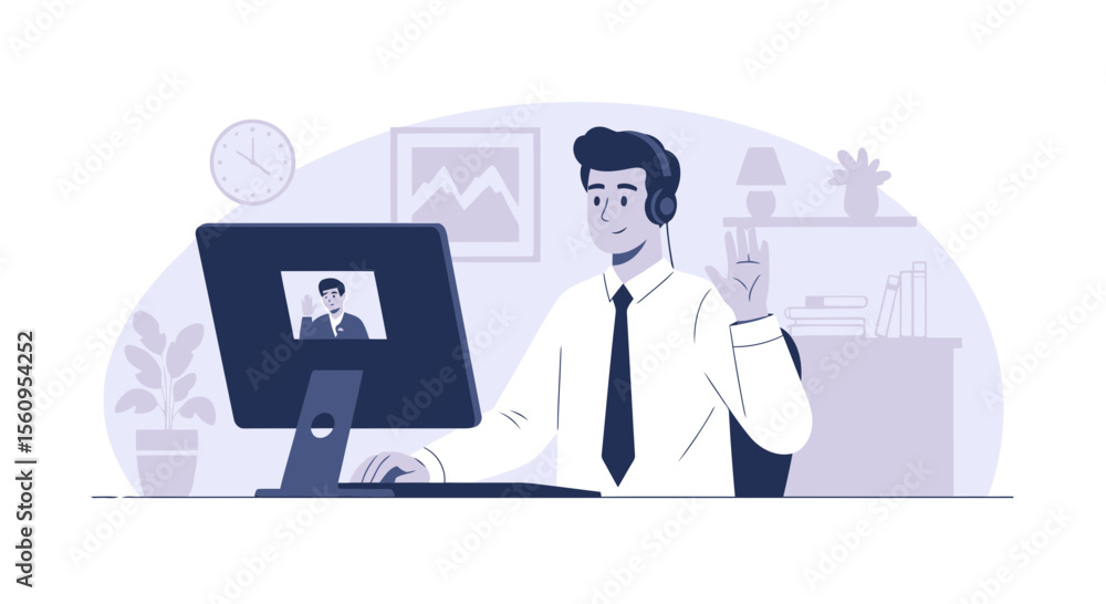 Virtual Connection: Man Engaged in Remote Communication Via Video Conference Virtual Connection: Man Engaged in Remote Communication Via Video Conference