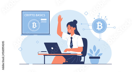 Student Raises Hand In Class Learning About Cryptocurrency Fundamentals At The Desk