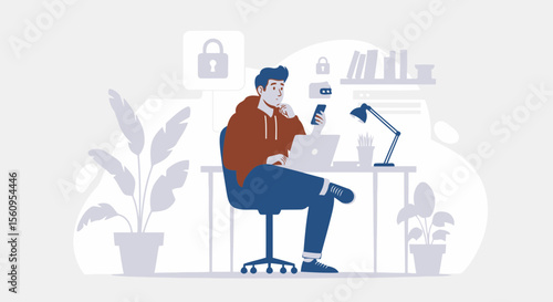 Young Man Thinking About Data Protection and Cybersecurity While Working At Home