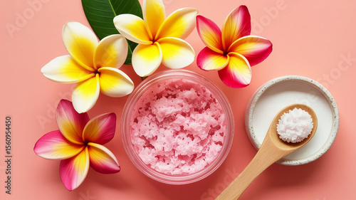 Plumeria flowers and pink body scrub with sea salt for spa and beauty