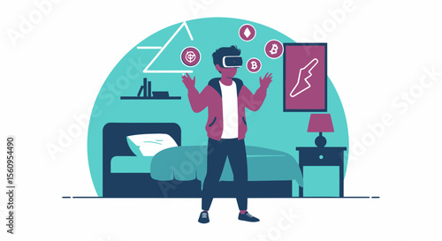 Young Man Trading Cryptocurrency In Virtual Reality From His Bedroom At Home