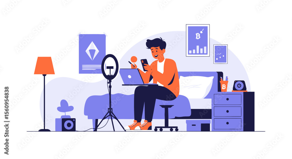 Fototapeta premium Young Influencer Broadcasting Live Stream Sitting At Home Working With Laptop And Smartphone