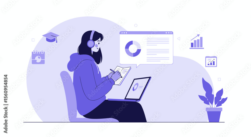 Online Education And Remote Work Young Woman Learning And Taking Notes At Home Online Education And Remote Work Young Woman Learning And Taking Notes At Home