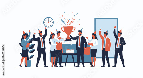 Corporate Team Celebrate With Trophy And Cake Congratulating Success In Business