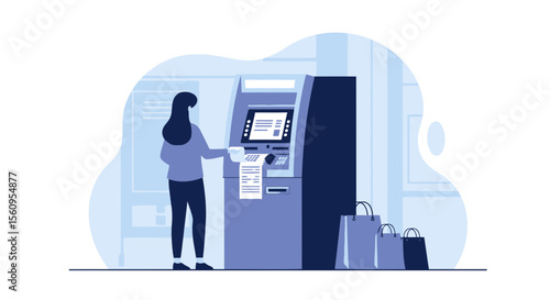 Woman Makes Transaction At Atm After Shopping With Bags Isolated Design