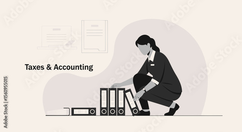 Woman Arranging Folders Office Workspace Illustration For Finance Business